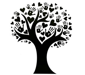 Drawing of tree with hearts and handprints